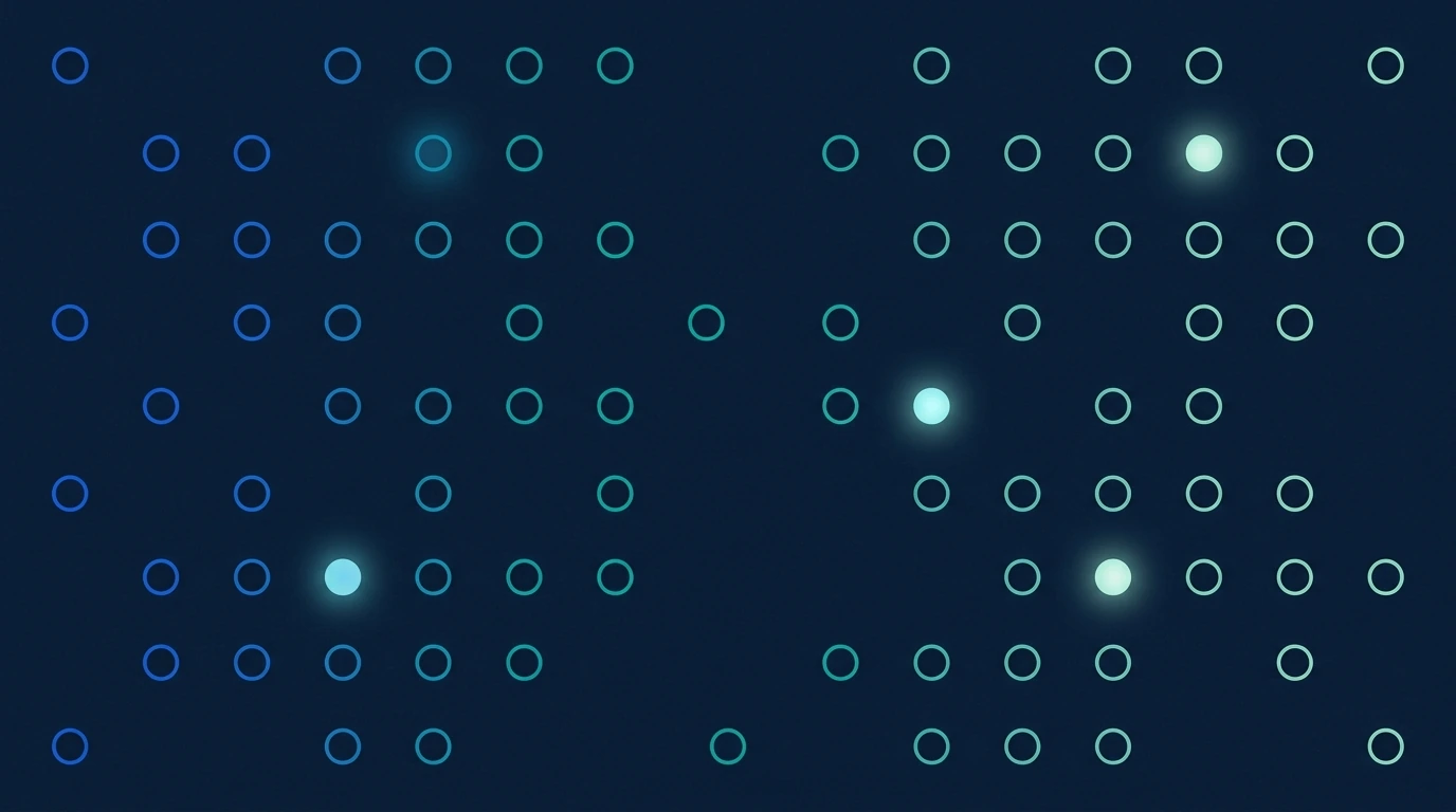 Ilustração abstrata de um campo esparso de círculos vazados, três deles preenchidos com luz.