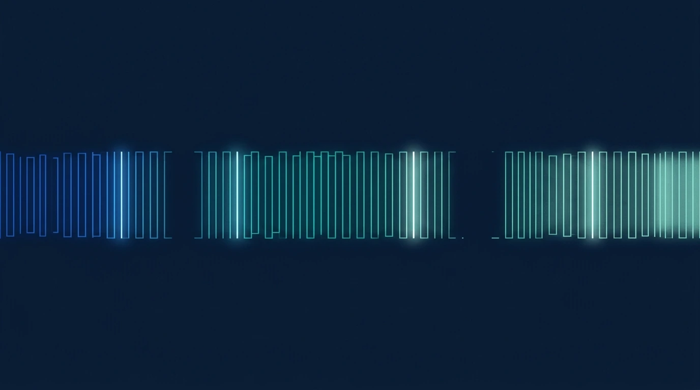 Ilustração abstrata de uma faixa horizontal dividida em fatias finas, algumas mais claras e outras ausentes.