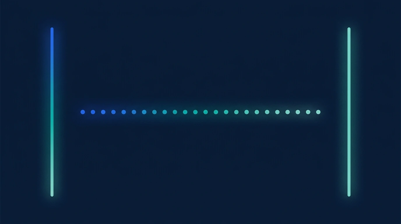 Ilustração abstrata de dois marcadores verticais distantes, ligados por uma sequência contínua de pontos luminosos.