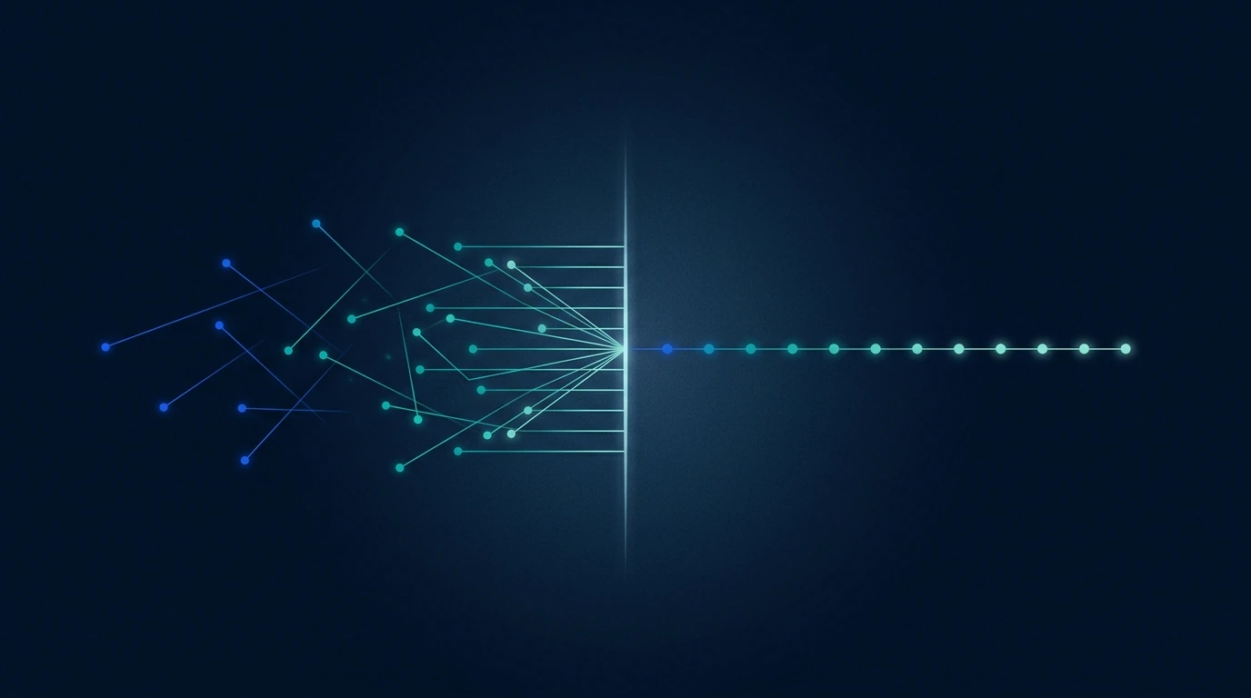 Ilustração abstrata de pontos dispersos atravessando um limiar de luz e saindo organizados em fileira.