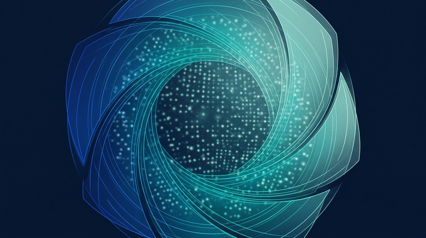 Ilustração abstrata de painéis translúcidos sobrepostos formando uma abertura, com pontos de luz visíveis apenas de forma difusa.