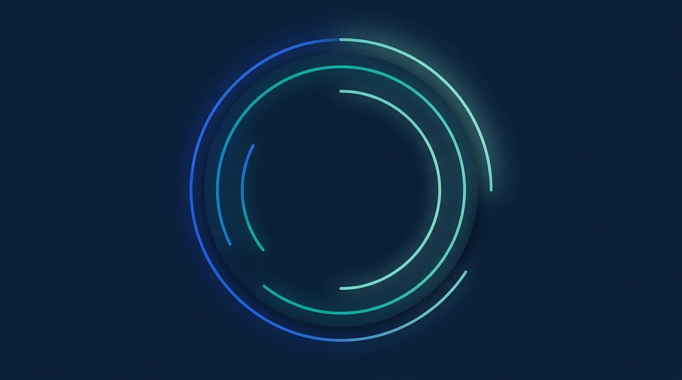 Ilustração abstrata de um grande arco circular aberto, traçado com linha luminosa em degradê azul e verde-água.