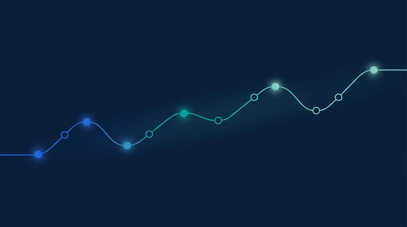 Ilustração abstrata de uma sequência de nós conectados formando uma linha contínua, em azul e verde-água sobre fundo azul-marinho.