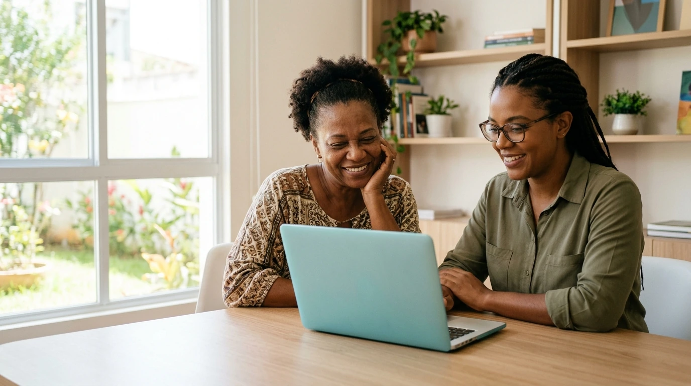 Duas pessoas adultas sentadas lado a lado à mesa olham juntas para a tela de um notebook e conversam.