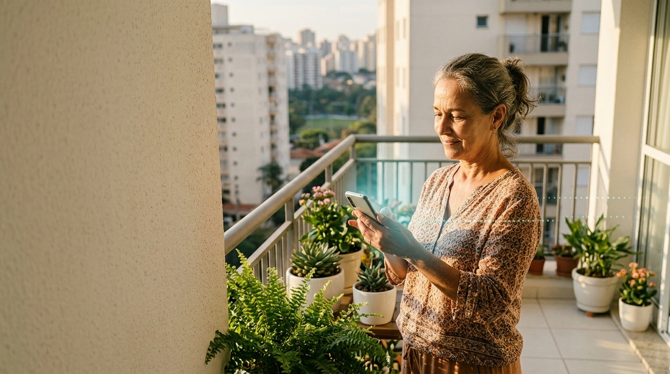 Uma mulher adulta em uma varanda com plantas, no fim da tarde, lê algo no celular com expressão tranquila.
