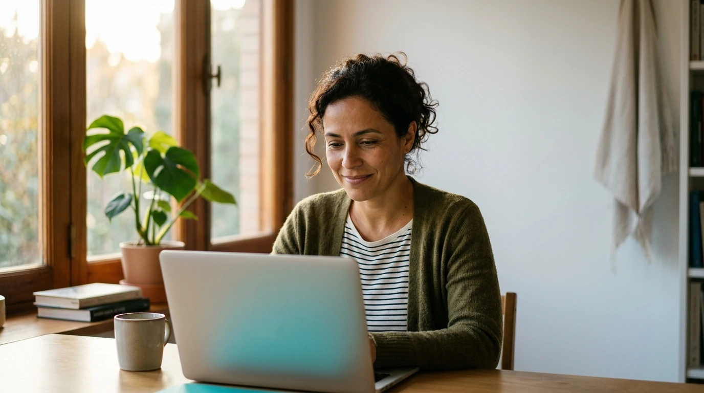Uma médica sentada à mesa de um consultório observa a tela do computador com atenção, sob luz de fim de tarde.
